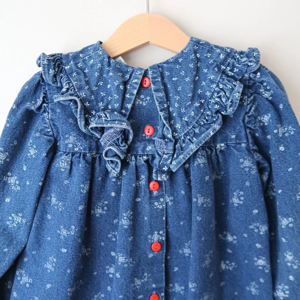 Vintage OshKosh B'Gosh Girl & Flowers Print Long Sleeve Denim Bib Dress 3-4T